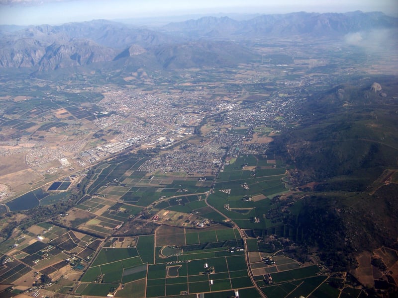 Aerial view of Paarl and the Berg River valley.